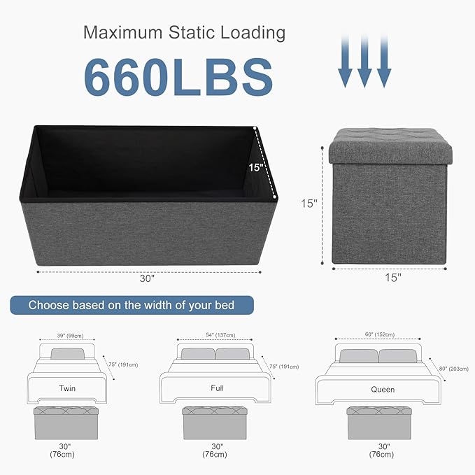 DUMOS 30in Foldable Storage Ottoman Bench, Storage Chest, End of Bed Foot Rest Stool with Padded Seat, Bedroom Bench for Living Room, Bedroom, Support 660lbs, Grey