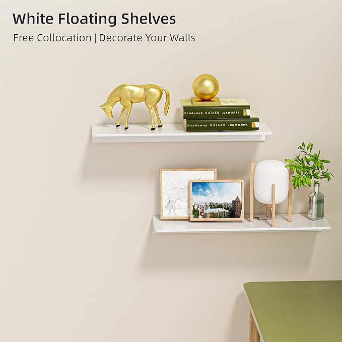 2-Piece White Metal Floating Shelves - Aluminum Alloy Wall Mounted Shelf No Drilling, Rust-Proof, 15.7" Width for Home Decor & Storage in Living Room, Bedroom, Bathroom-NeatNest