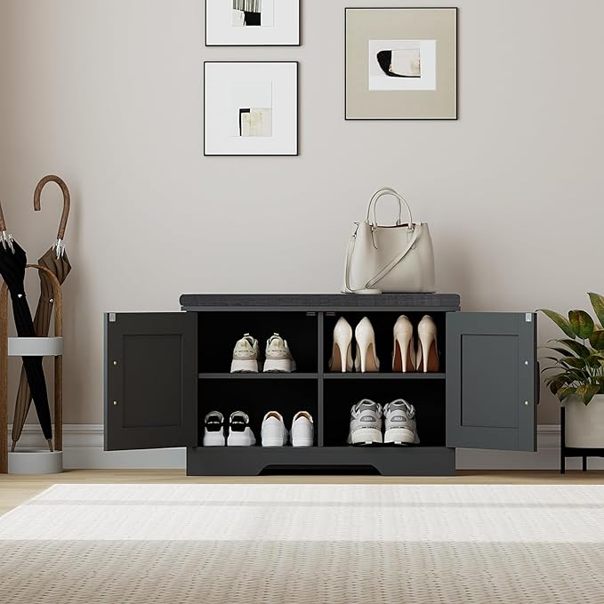 2-Tier Storage Bench, Shoe Bench with Padded Seat Cushion, Entryway Bench with 2 Barn Doors, Adjustable Shelf, 13.8" D x 27.6" W x 17.7" H, for Entryway, Living Room, Bedroom, Black-NeatNest