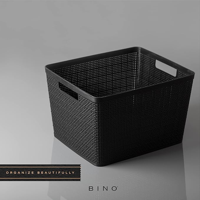 BINO | Woven Plastic Basket | Large (Black), 3-Pack | THE JUTE COLLECTION | Home Organization, Space - Saving Storage, Stylish Design | Jute Basket | Plastic Storage Basket-NeatNest