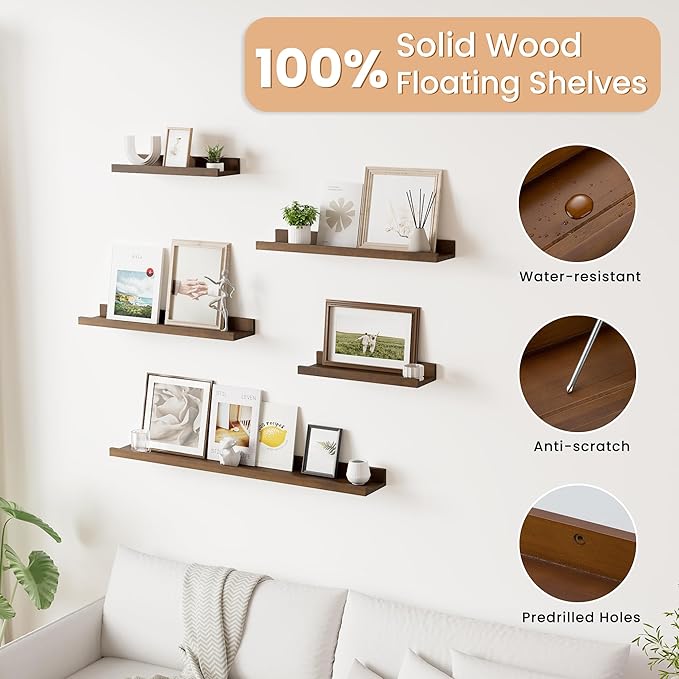 Floating Shelves for Wall, 16 inch Solid Wood Picture Ledge Shelf, Picture Shelf for Wall with Ledge, Floating Book Shelves for Living Room Bedroom Kitchen Nursery Decor, Walnut, Set of 2-NeatNest