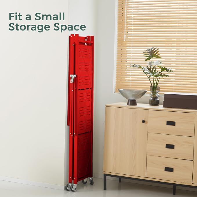 DEANIC 4 Tier Foldable Storage Shelves with Wheels, Large Capacity Shelving Unit, Freestanding Metal Wire Shelf Rack, No Assembly Organizer Rack for Garage Kitchen, Basement(Red)-NeatNest