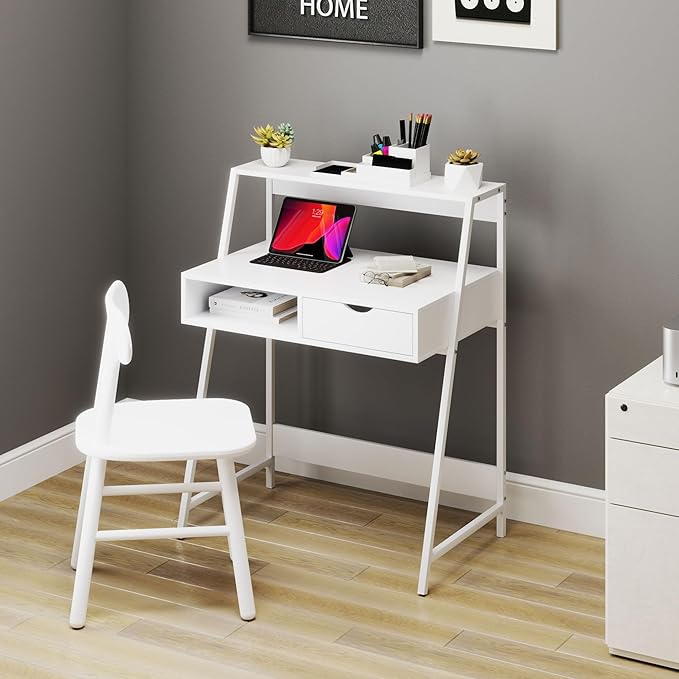 HOMCOM Home Office Desk, Computer Desk with A Frame for Small Spaces, Writing Table with Drawer and Storage Shelves, White-NeatNest