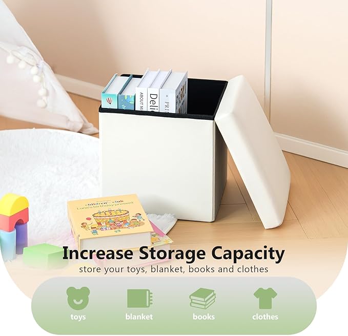 B FSOBEIIALEO Folding Storage Ottoman Cube Faux Leather Ottomans for Living Room, Bedroom, Home Office, Dorm Storage Footrest White 11.8"x11.8"x11.8"