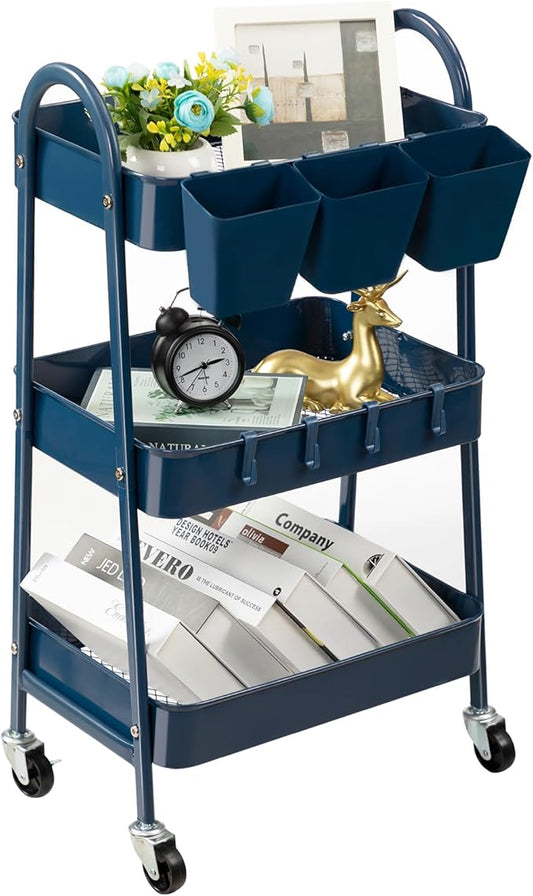danpinera 3-Tier Rolling Cart, Metal Rolling Storage Cart with Lockable Wheels & Hanging Cups & Hooks, Mobile Trolley Cart for Kitchen, Bathroom, Office, Workshop, Dark Blue-NeatNest