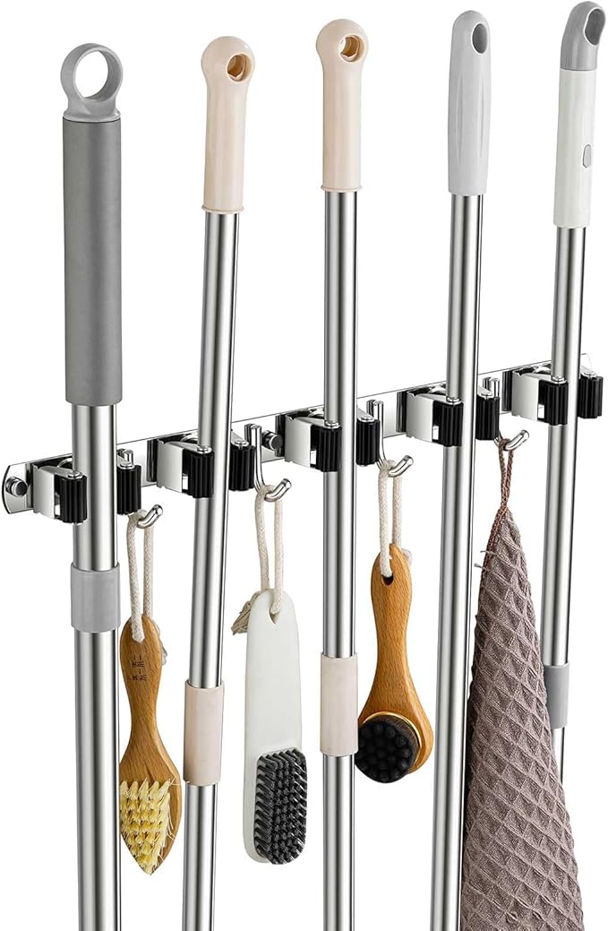 Broom Holder Wall Mount, Stainless Steel Broom Hanger Wall Mount, Heavy Duty Mop and Broom Holder Tool Racks Utility Hooks for Laundry Room Garden Garage, Black (5 Racks and 4 Hooks)-NeatNest
