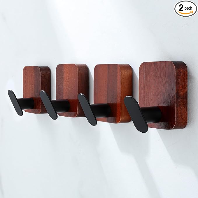 DELITON Acacia Wooden Towel Hooks Red Brown, 4 Pack Sticky Hooks for Hanging Towels, Coat, Hat, Robe, Heavy Duty, No Damage-NeatNest
