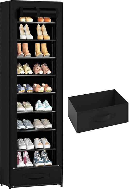Shoes Rack 10 Tier Tall Shoe Rack Narrow Shoe Rack with Storage Box,Fabric Covered Metal Shoe Rack Organizer for Closets-NeatNest