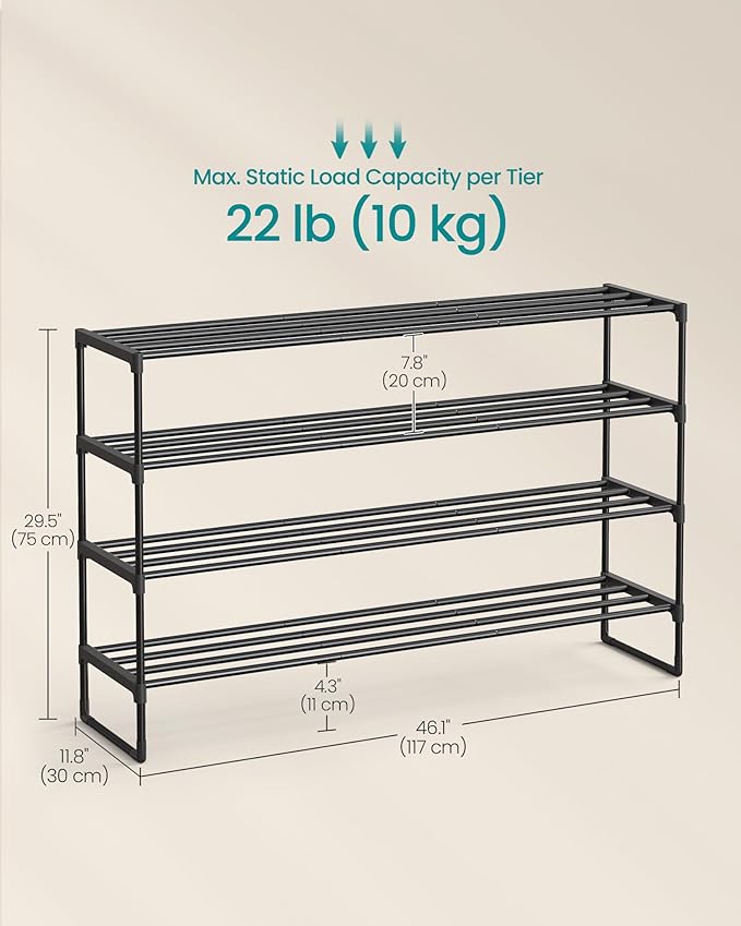 SONGMICS Shoe Rack, 4-Tier Shoe Organizer, Metal Storage Shelf, Upright or Upside Down, for 25-30 Pairs, Stackable, for Entryway, 11.8 x 46.1 x 29.5 Inches, Black ULSA034B01-NeatNest