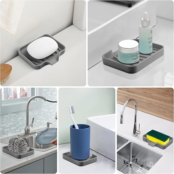 2PCS Self Draining Soap Holder,Spofit Silicone Soap Dish, Suitable for for Kitchen, Bathroom, Shower, Bath Tub,Soap Container (Grey)-NeatNest