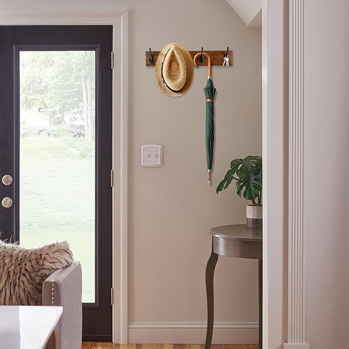 Coat Rack Wall Mounted, Wall Coat Rack with 4 Rustic Coat Hooks, 17” Entryway Ash Wood Coat Hanger Rail Hooks for Hanging Coats Hats, Perfect for Bedroom Bathroom Kitchen-NeatNest