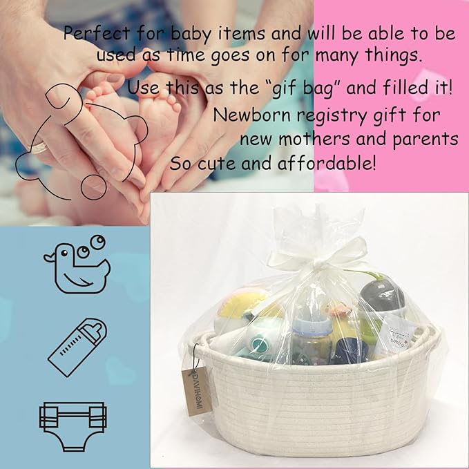 2PACK Small Woven Storage Basket for Organizing|Cotton Rope Basket for Closet Shelving Storage|Gift Basket for Empty with Handles for Toys, Books for Living Room, Bedroom（White）