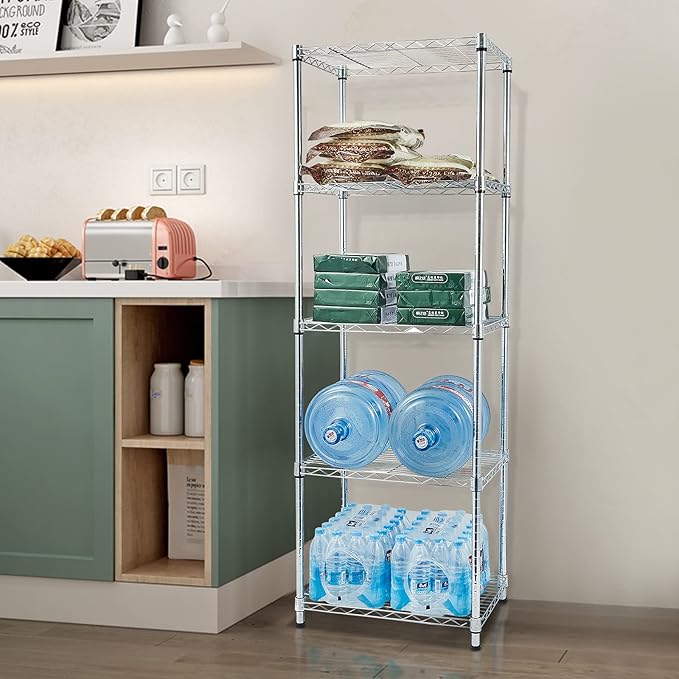 5 Tier Adjustable Storage Shelf Metal Storage Rack Wire Shelving Unit Storage Shelves for Pantry Closet Kitchen Laundry Bathroom (Silver-5-Tier)