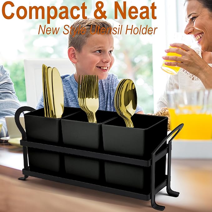 Cutlery Holder with Drain Holes, Silverware Caddy for Party Countertop, 3pcs Bins Set Utensil Holders for Spoon and Fork, Black-NeatNest