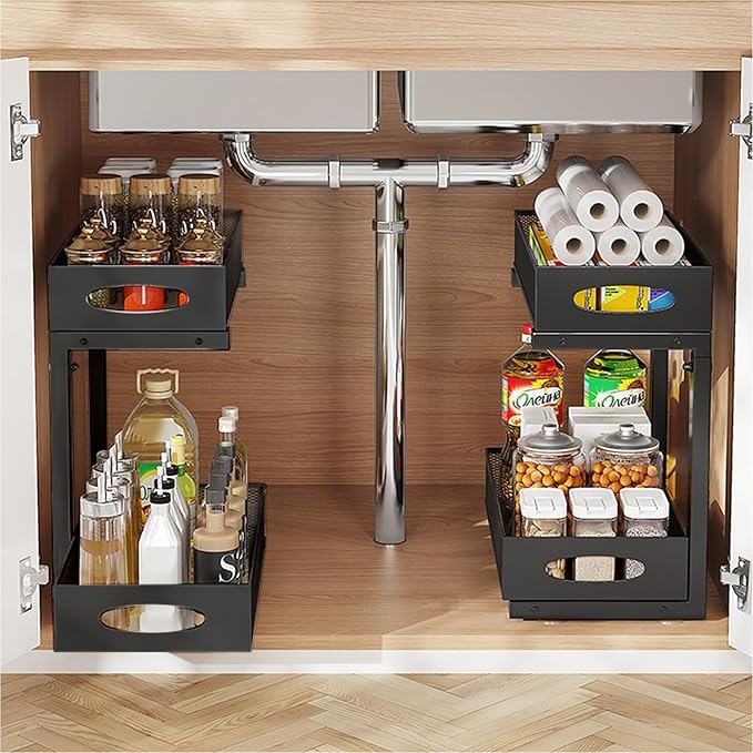 Under Sink Organizer, 2-Tier Put Out Cabinet Organizer, Adjustable Rust Proof Under Sink Organizers and Storage, Kitchen Undersink Organizers for Kitchen, Bathroom, Cabinet, Counter, 2 Pack, Black-NeatNest