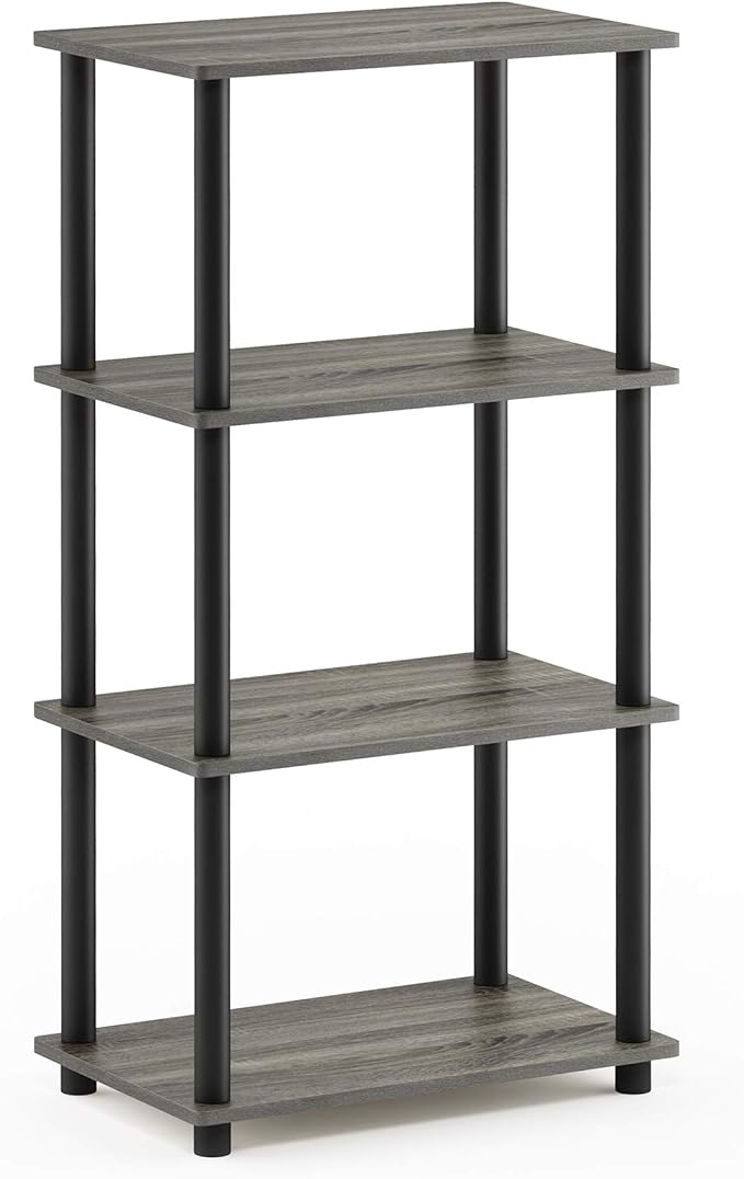 Furinno Turn-N-Tube No Tool 4-Tier Storage Shelf, Narrow, French Oak Grey/Black-NeatNest