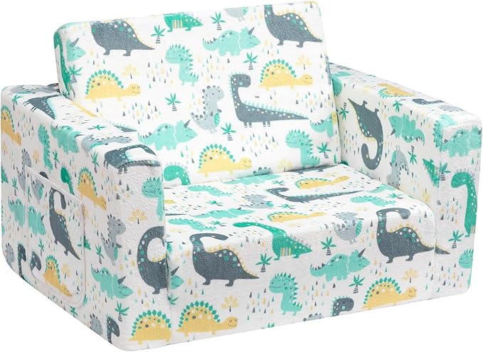 ALIMORDEN 2-in-1 Flip Out Cuddly Sherpa Toddler Couch, Convertible Sofa to Lounger, Dinosaur-NeatNest
