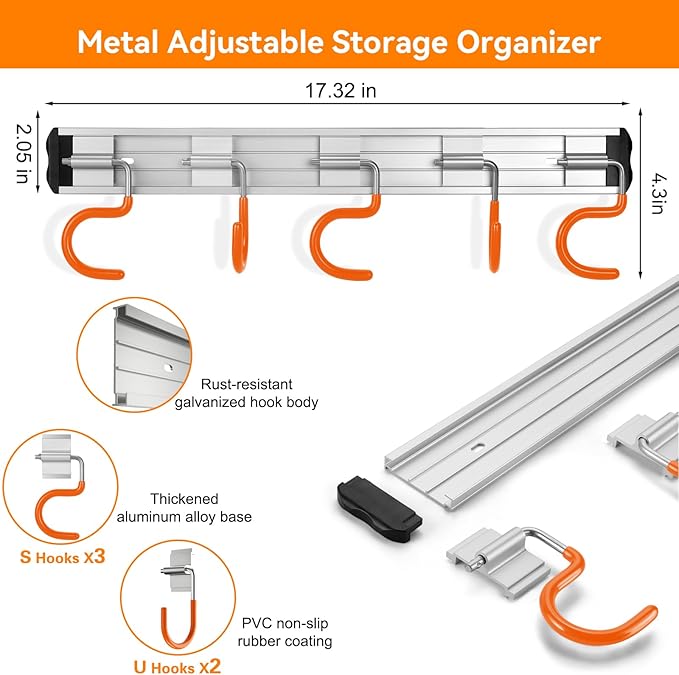 34.5'' Aluminum Alloy Garage Tool Organizer Hooks,Broom Holder Wall Mount, Adjustable Garden Wall Mount Holder for Hanging Shovel Broom Rake Bulk Items and More