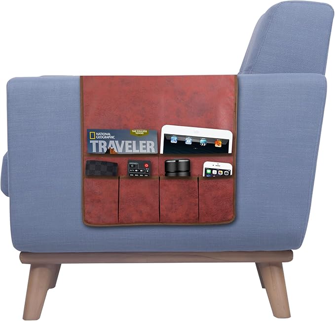 HAOMAIJIA Anti Slip Sofa Armrest Organizer Arm Chair Bedside Caddy Storage Organizer For Recliner Couch With 6 Pockets For Cell Phone Tv Remote Control Magazines (red)-NeatNest