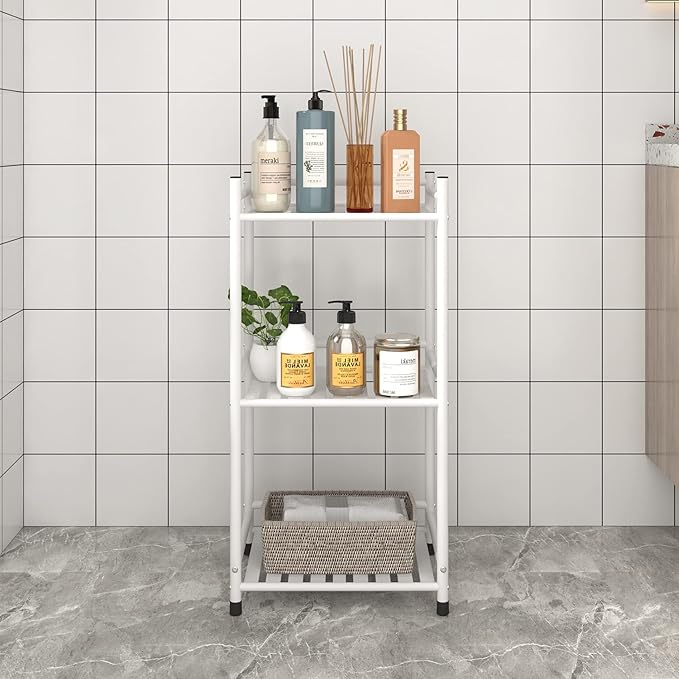 3 Tier Bathroom Storage Open Shelf Unit, Free-Standing Metal Corner Rack Shelving for Kitchen, Living Room, Hallway (Matte White, 3 Tier)-NeatNest