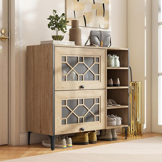 Giantex Shoe Cabinet with Flip & Slide Doors, Entry Way Shoe Rack Cabinet with Adjustable Cube Shelves, Freestanding Wood Shoe Cabinet Storage for Entryway, Closet, Hallway, Living Room, Foyer, Oak