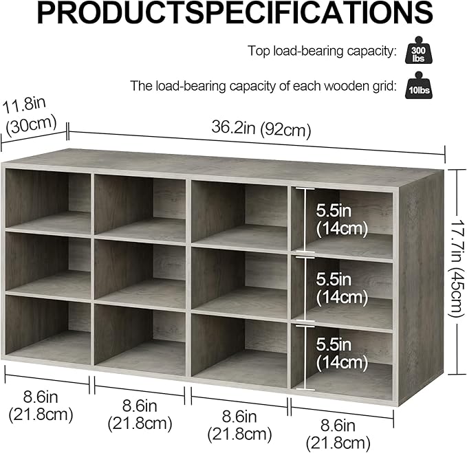 Garden 4 you Shoe Storage Bench, Cubby Shoe Rack with 12 Cubbies, 3-Tier Wood Shoe Rack Organizer, Shoe Organizer Cabinet for Entryway, Hallway, Closet and Garage, Grey-NeatNest
