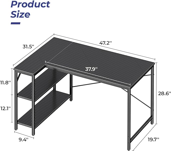 Huuger L Shaped Desk, 47 Inch Gaming & Home Office Desk with Reversible Storage Shelves, Metal Frame, Carbon Fiber Black-NeatNest