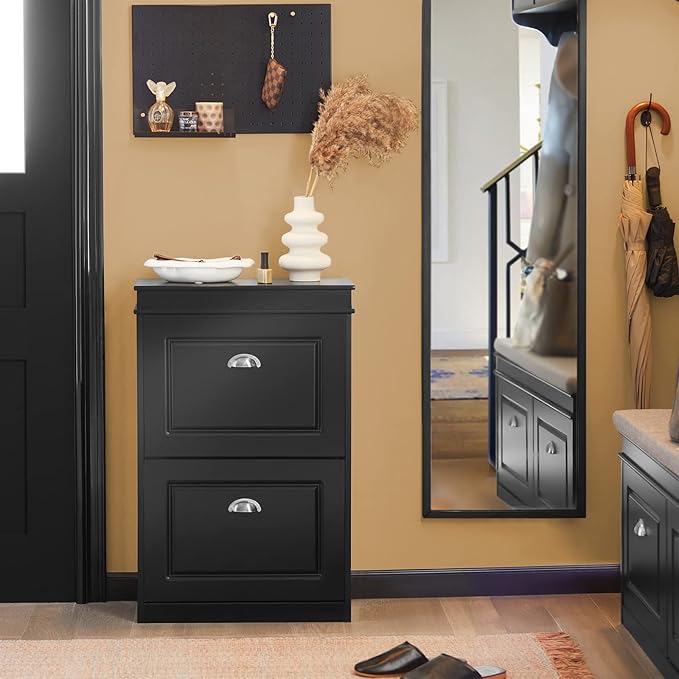 SoBuy Small Shoe Cabinet, Slim Shoe Rack 2 Flip-Drawers, Thin Shoe Storage Cupboard Organizer Unit for Entryway and Hallway, Black FSR78-SCH-NeatNest