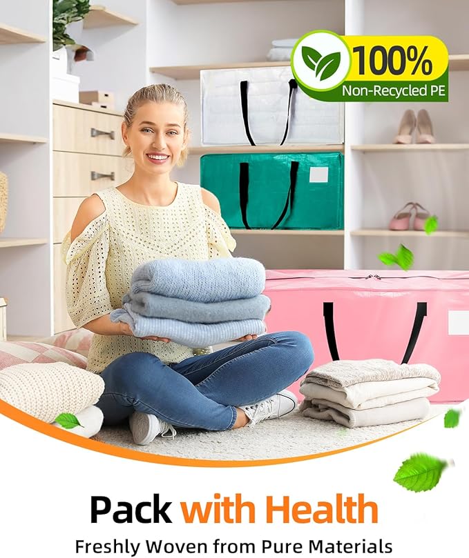 12 Pack Extra Large Moving Bags, Heavy Duty Packing Bags with Zippers and Handles for Space Saving, Clothes Storage, College Essentials, Travel, Pink