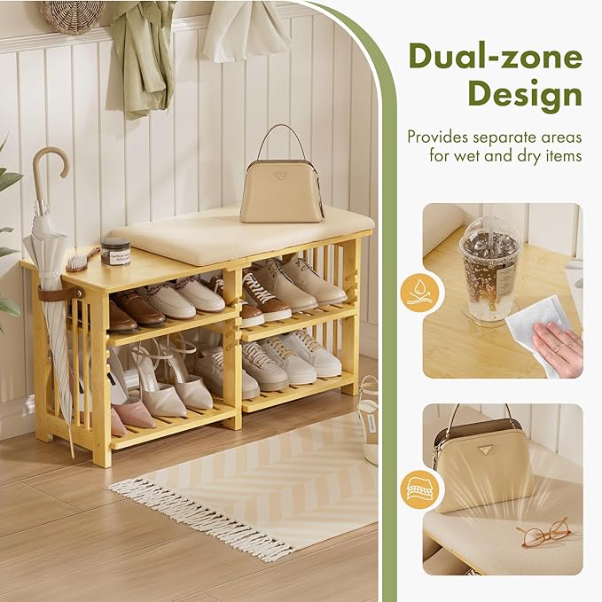 Amazer Bamboo Shoe Rack Bench, 3-Tier Shoe Bench Height Adjustable, Entry Bench with Side Storage Strap, Shoes Organizer Storage Bench, Shoe Shelf with Seat Cushion for Entryway, Living Room, Hallway-NeatNest