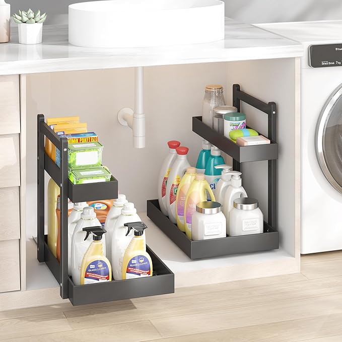 Under Sink Organizer - 1-Tier Pull Out Cabinet Organizer Vertical Slide Out Sink Shelf Storage Shelves for Multi-Purpose Bath Kitchen Bathroom Medicine (Black, 2 Packs)-NeatNest