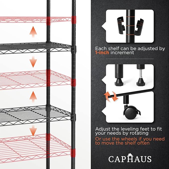 CAPHAUS 3/4/5-Tier Adjustable Height Wire Shelving Unit, Wire Rack Shelving, Metal Steel Storage Shelves, Garage Shelving Storage Organizer, Utility Storage Shelf, 5-Tier With Wheels, Black-NeatNest