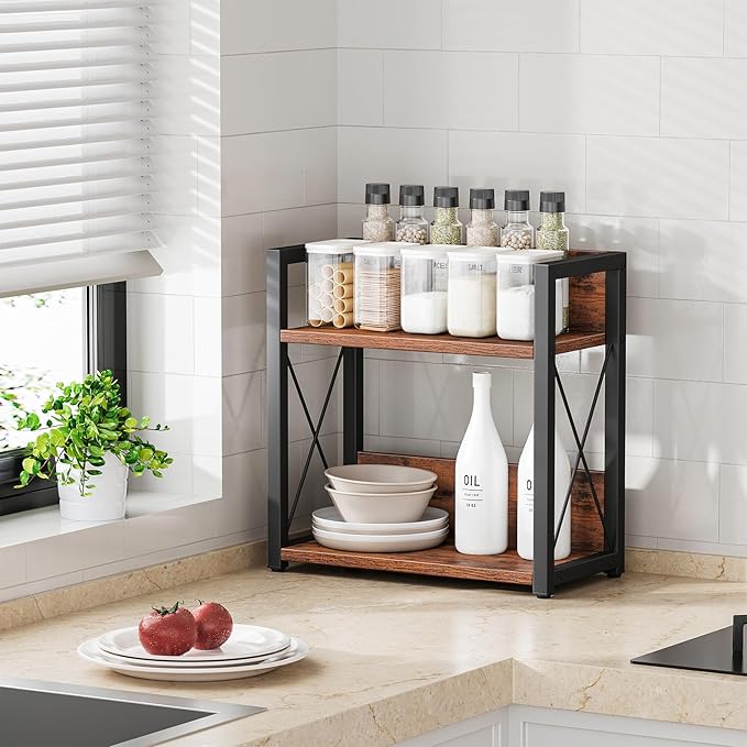 Giikin Counter Shelf Organizer, 2 Tier Kitchen Spice Rack for Countertop, Wood Coffee Counter Organizer for Home (Rustic Brown, L)-NeatNest