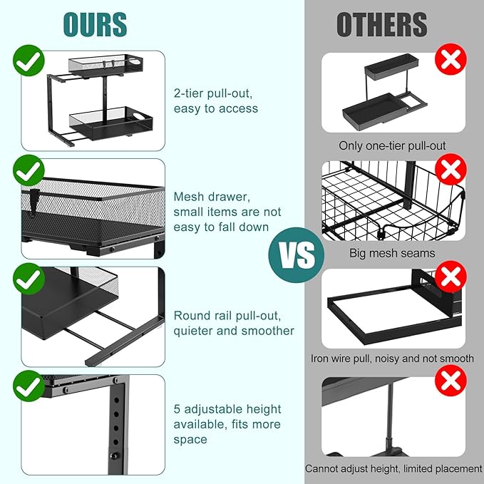 1 Pack Large Under Sink Organizer, 2 Tier Metal Pull Out Under Sink Storage with Sliding Mesh Drawers, Height Adjustable Slide Out Under Cabinet Organizer for Kitchen Bathroom, Black-NeatNest