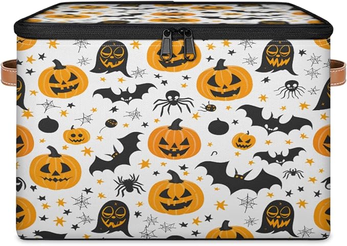 Halloween Pumpkin Storage Bins with Lids, Boho Ghosts Bat Fabric Storage Boxes with Zipper, Collapsible Decorative Closet Organizer Cube for Clothes,Organizing, Shelves-NeatNest