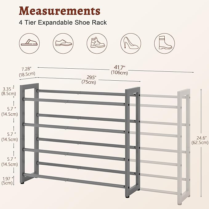 FAVOOSTY 4-Tier Expandable Shoe Rack, Adjustable Shoe Shelf Storage Organizer Space Saving Metal Free Standing Shoe Rack for Entryway Closet Doorway, Silver Grey-NeatNest
