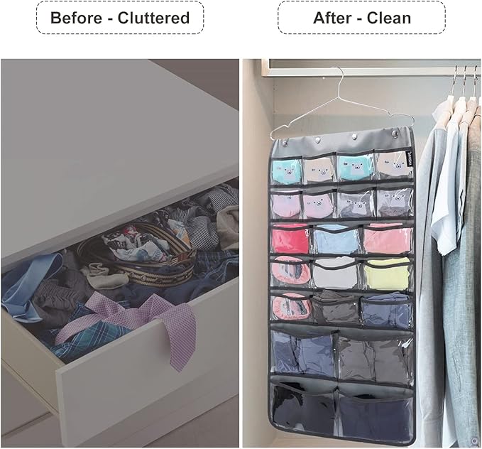 Dual Sided Hanging Organizer for Jewelry Makeup Storage Closet Organizers for Bows Socks Underwear with 42 Clear Pockets (GREY)-NeatNest