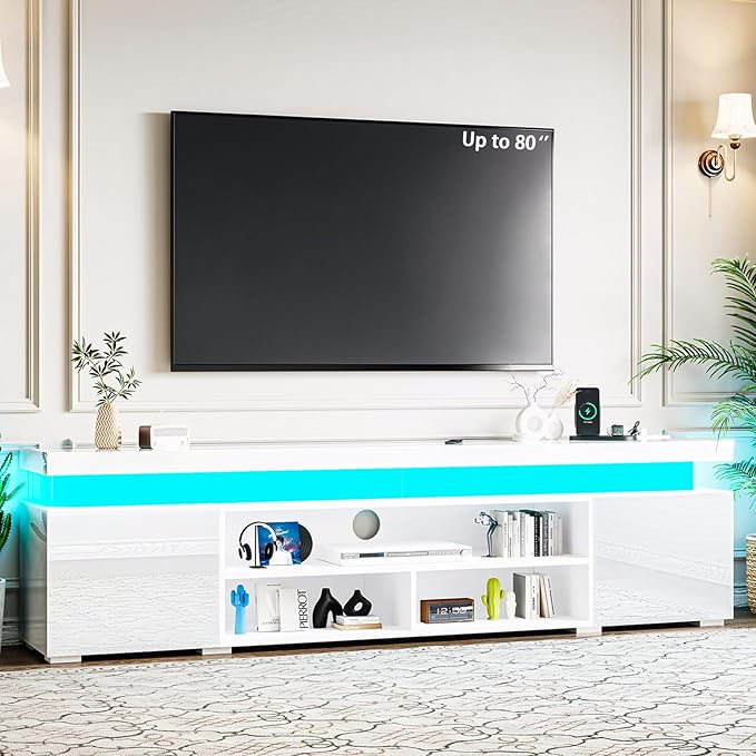72" Modern TV Stand with LED Lights and Power Outlet for TVs Up to 80 inch, High Gloss Finish Entertainment Center, TV Console Cabinet with Storage for Living Room, White-NeatNest