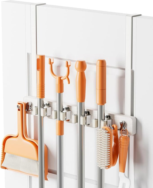 Mop and Broom Holder Wall Mount, No Drill Over the Door Broom and Mop Holder with 4 Slots and 2 Hooks, Wood Tool Hanger for Laundry, Cabinet, Kitchen, Garage