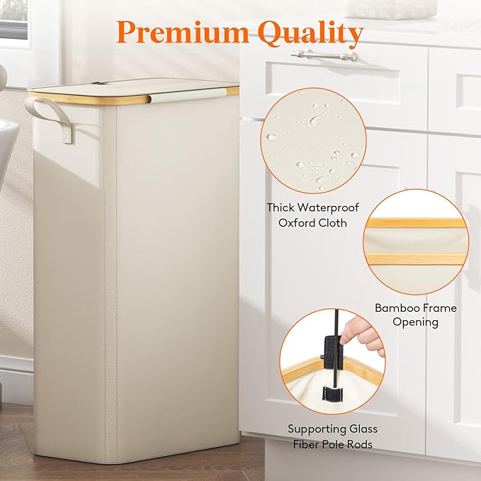 Lifewit 75L Slim Laundry Hamper with Lid, Narrow Laundry Basket with Removable Bag & Bamboo Handles, Fodable Thin Dirty Clothes Hamper for Laundry Collapsible Bin for Bathroom Bedroom Dorm, White-NeatNest