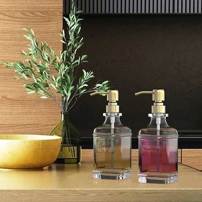 GLADPURE Soap Dispenser - 2 Pack, 18 Oz Antique Design Thick Glass Hand Soap Dispensers; with 304 Rust Proof Stainless Steel Pump, 6Pcs Clear Stickers, for Kitchen, Bathroom - Gold-NeatNest