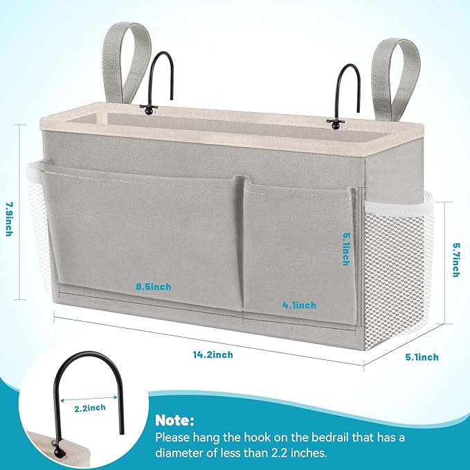 BlissTotes Bedside Caddy, Bedside Storage Organizer for Bunk Bed Accessories, Dorm Storage for Bedside Shelf and Bunk Bed Shelf, Bed Caddy for Home, Dorm, Bunk (Light Gray, 2 Pack)-NeatNest