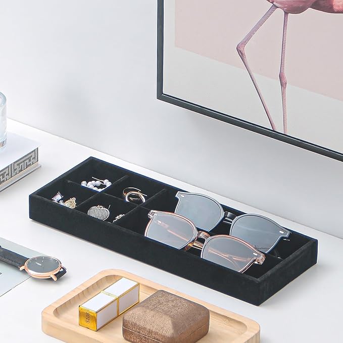 2Pcs Desk Drawer Storage Tray, Nightstand Organizer Tray, Necklace Bracelet Ring Earring Jewelry Display Tray, Grid Table Organizer Holder Tray for Sunglass, Phone, Watch, Perfume (6 grid)/Black-NeatNest