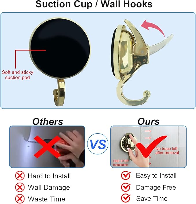 Heavy Duty Vacuum Suction Shower Hooks Glass Suction Cup Bathroom Robe Hooks, Reusable, No Hole Punched, for Garland Decoration (Gold, 6 Pack)