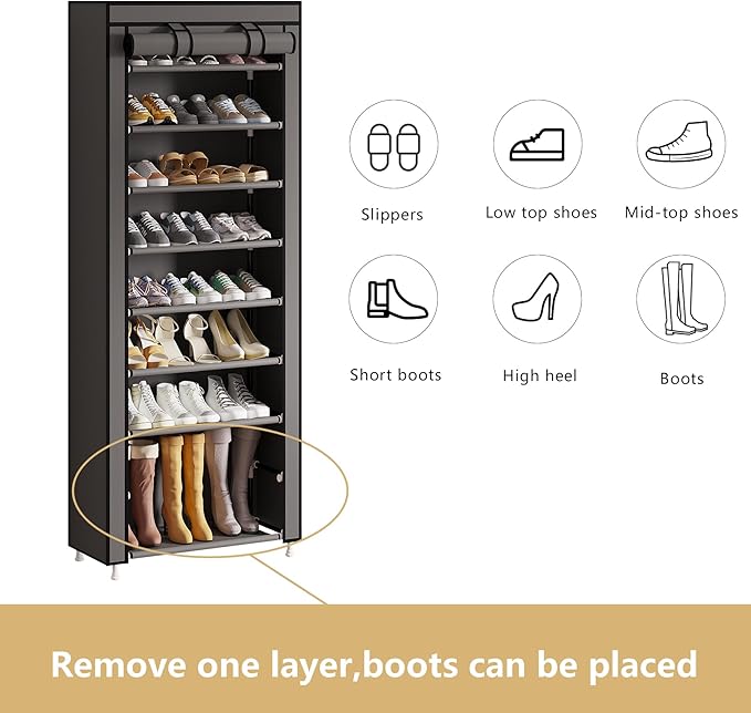 Calmootey 9 Tier Shoe Rack Organizer,Portable Shoe Shelf with Nonwoven Fabric Cover for Closet Hallway,Bedroom,Entryway,Grey-NeatNest