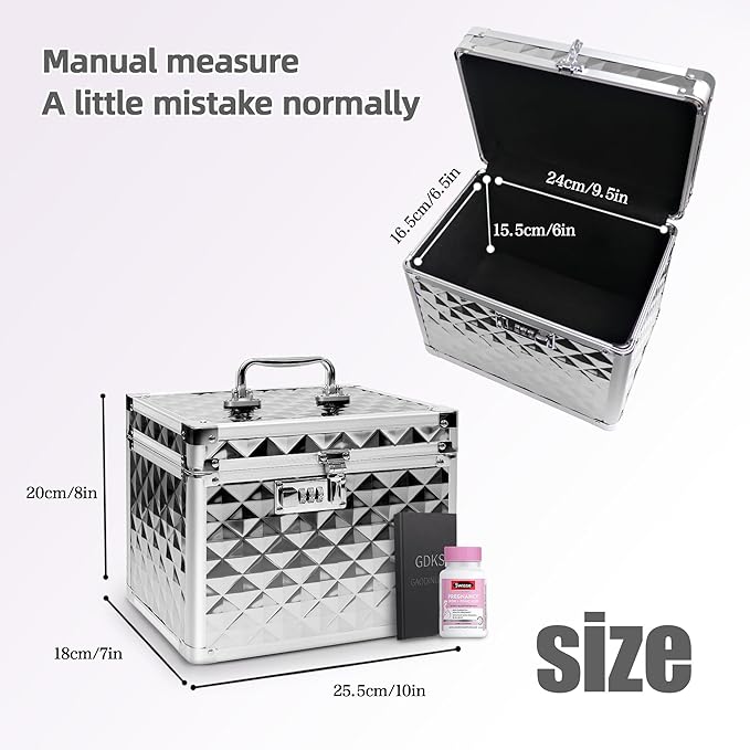 Medication Combination Lock Boxes with Code for Personal Items, Medicine Lockbox for Documents 10 x 7.25 x 7.75 Inches Plaid Silver