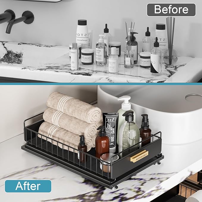 Under Sink Organizer, Kitchen Under Sink Organizers and Storage, Mute Pull Out Cabinet Organizer Shelf, Metal Sliding Drawer for Kitchen Bathroom Pantry Cabinet Closet Organization Rack, Black-NeatNest