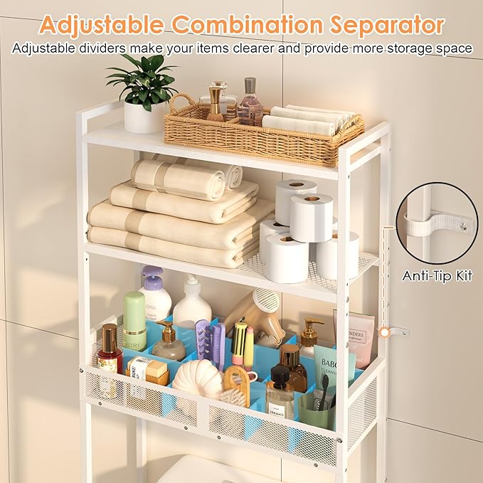 3-Tier Over The Toilet Storage Shelf, Metal Over Toilet Bathroom Organizer with Dividers, Freestanding Bathroom Space Saver Rack with Adjustable Shelf & Feet, White