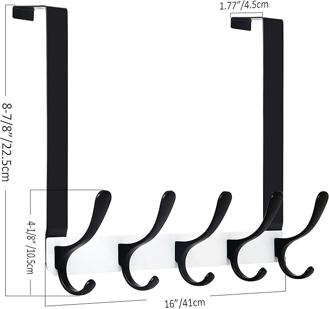 SKOLOO Over The Door Hook, Door Hanger Hooks for Hanging Clothes, Towels, Coats, Hats, Over The Door Towel Hook - Pack of 2, Black on White, Assembly Required