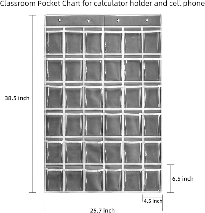 36 Clear Pockets Classroom Pocket Chart for Cell Phones and Calculator Holder, Pocket Chart for Classroom Phone Holder with Number Stickers and Hooks (Grey)-NeatNest
